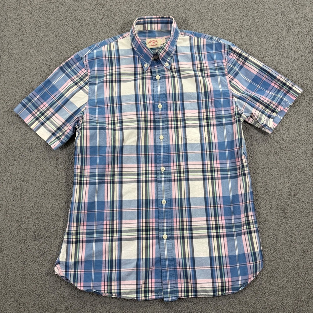 Brooks Brothers Red Fleece Mens Medium Blue Pink Plaid Short Sleeve Button Down
